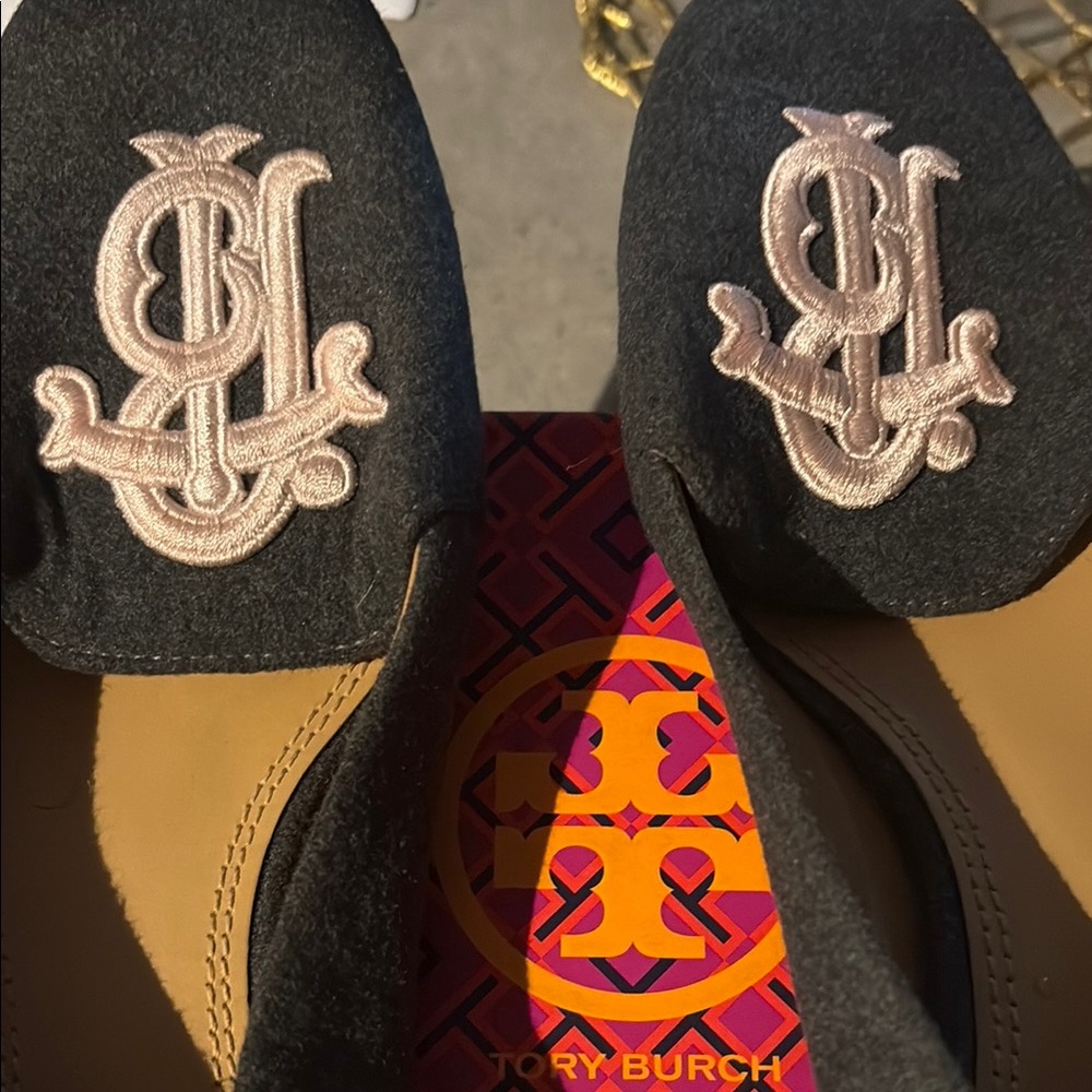 Tory Burch Gray and Pink Flats with Monogram Design